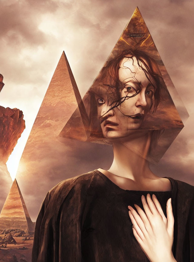 Surreal Composition with Pyramid-Headed Figure