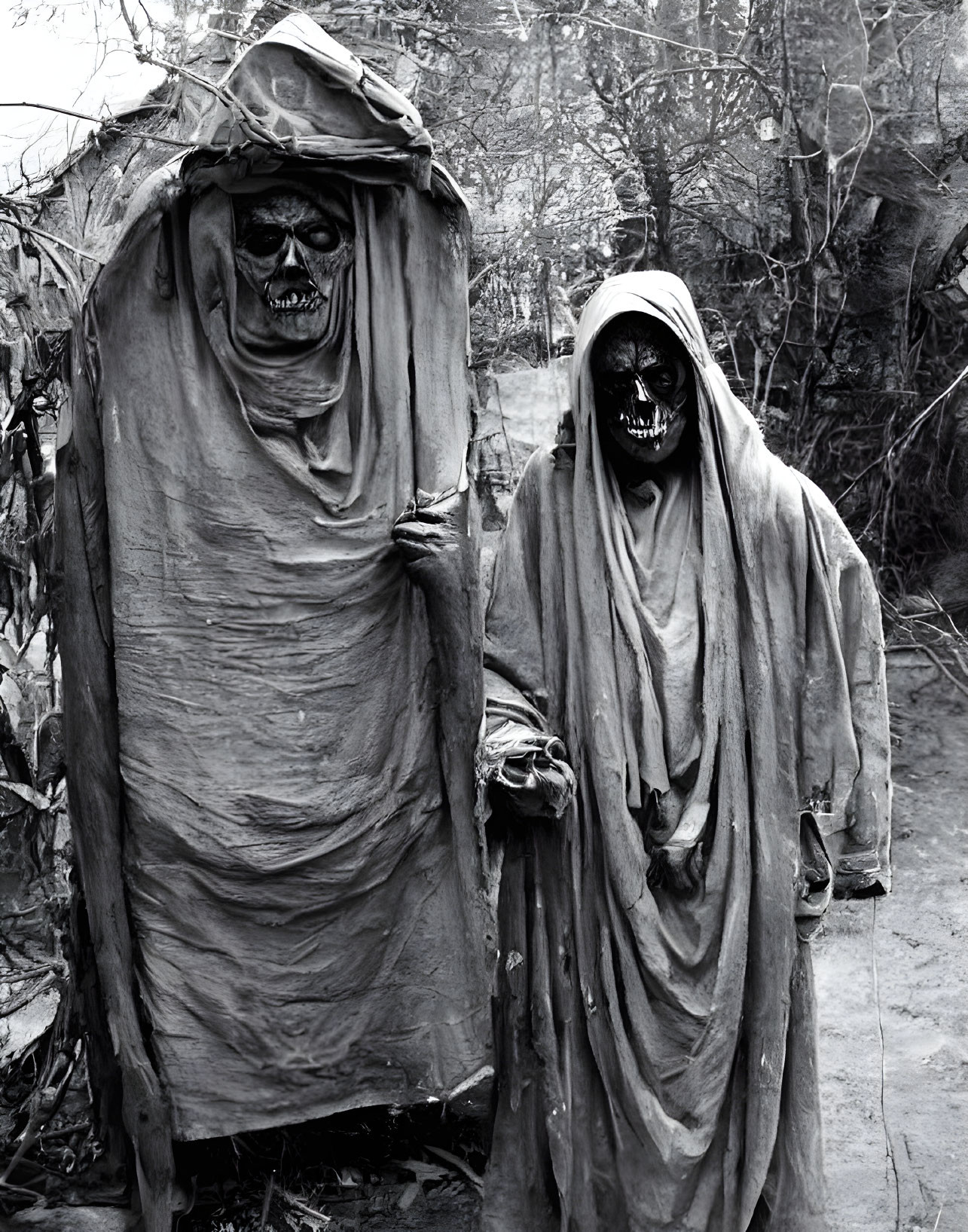 Two skull-like masked figures in tattered cloaks in a desolate setting