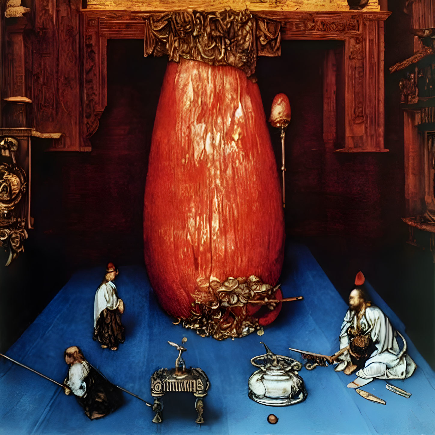 Surreal artwork: Giant red gown with historical figures and feast.