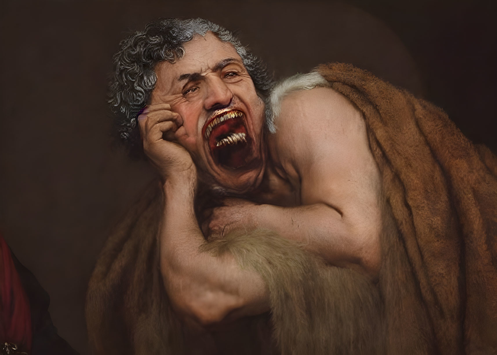 Man in Anguish Clutching Head in Scream in Fur Cloak