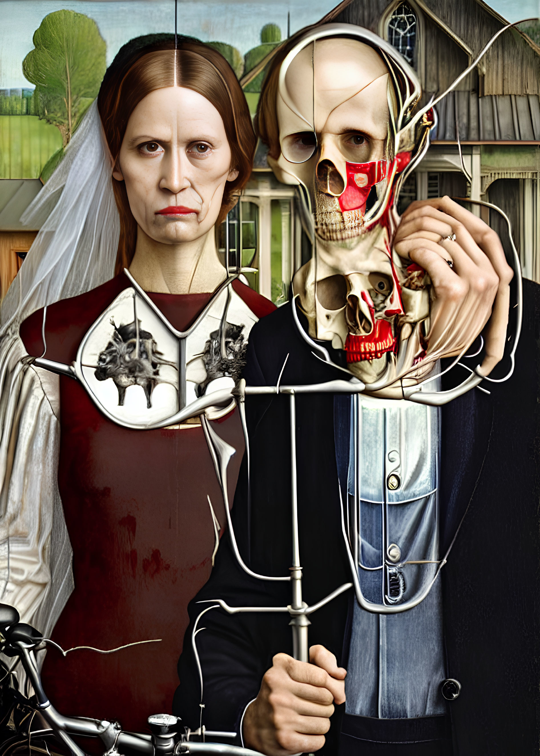 Surreal 'American Gothic' with skull-faced mask in farmhouse setting