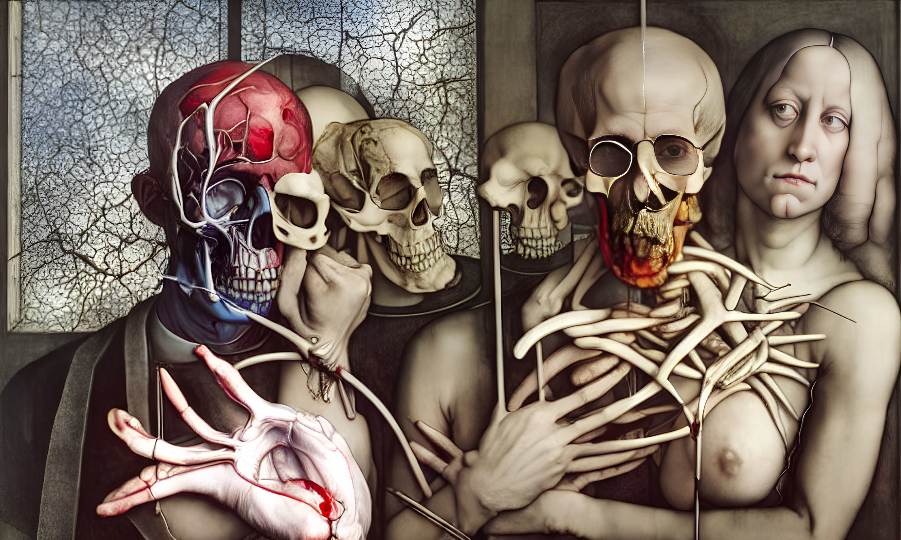 Surreal artwork blending human anatomy with "The Creation of Adam" by Michelangelo - skulls,