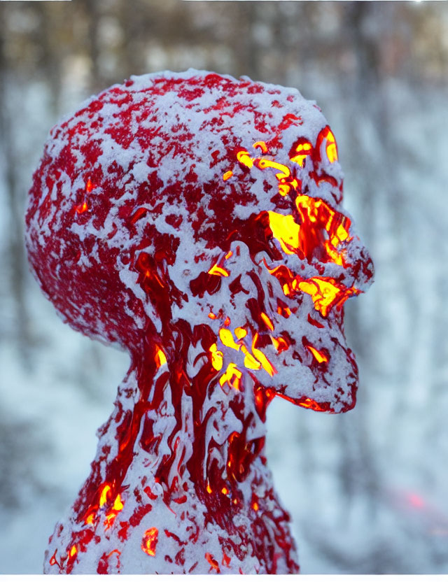 Melting red ice sculpture of human head with warm glow