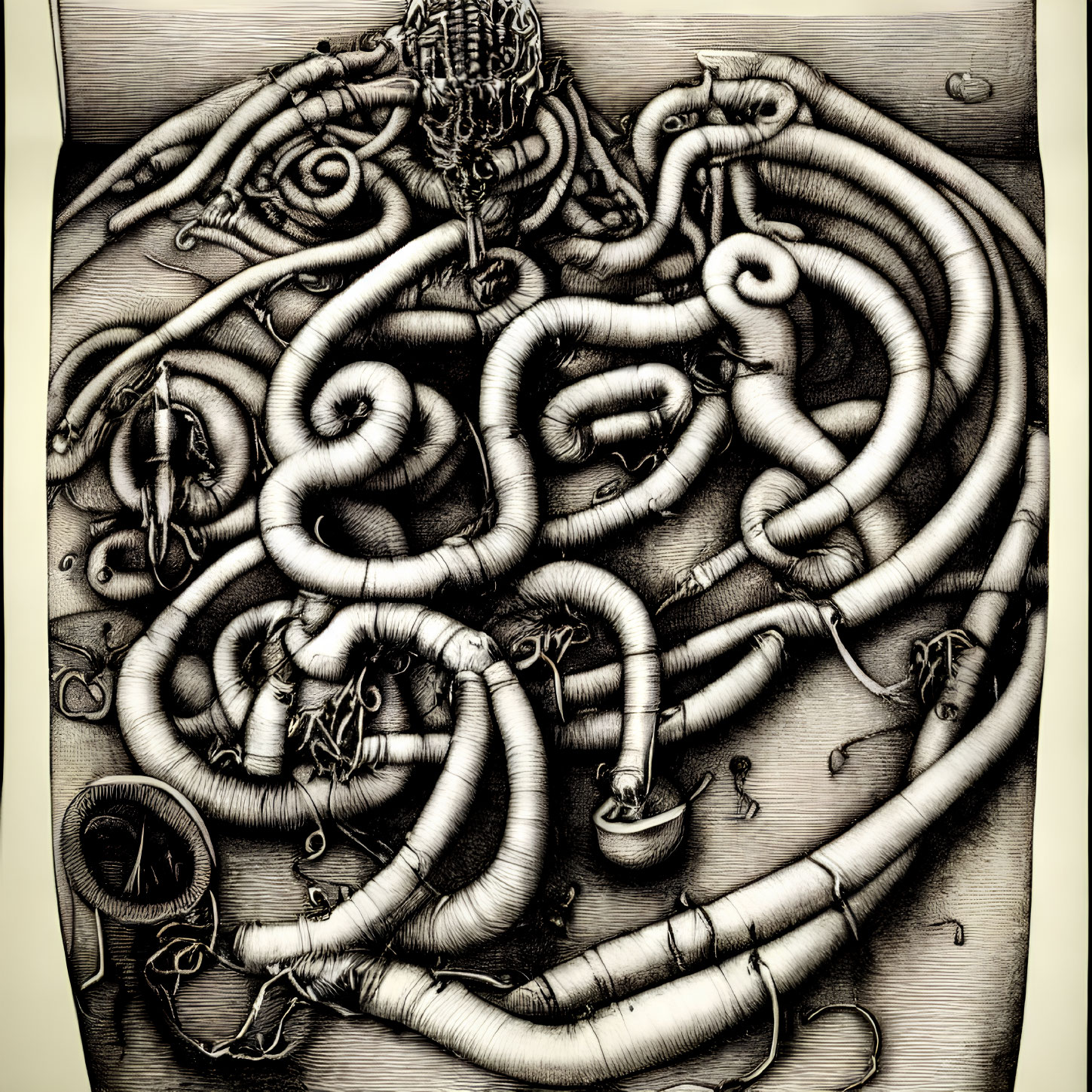 Detailed Greyscale Drawing of Intricate Network of Intertwined Tubes