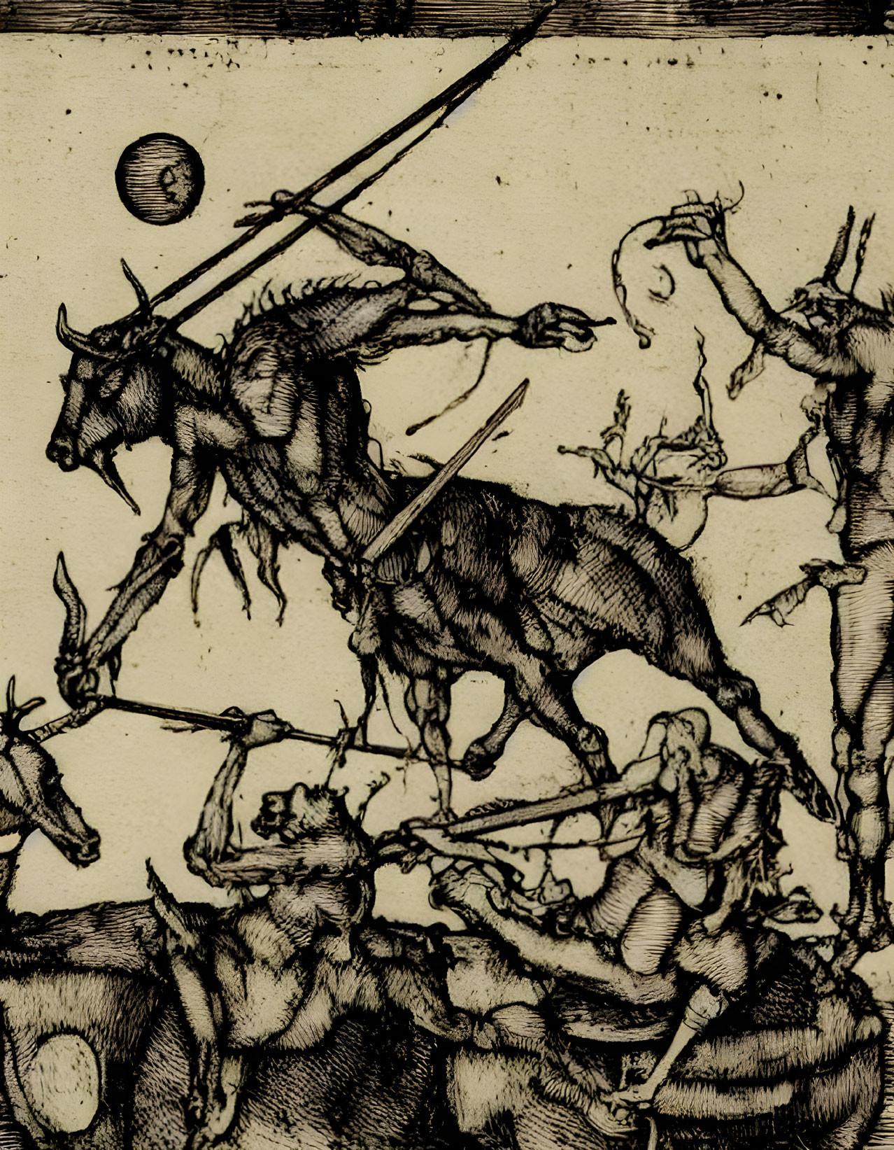 Woodcut Print of Chaotic Battle Scene: Skeleton Warriors on Horseback with Lances under Moonlit