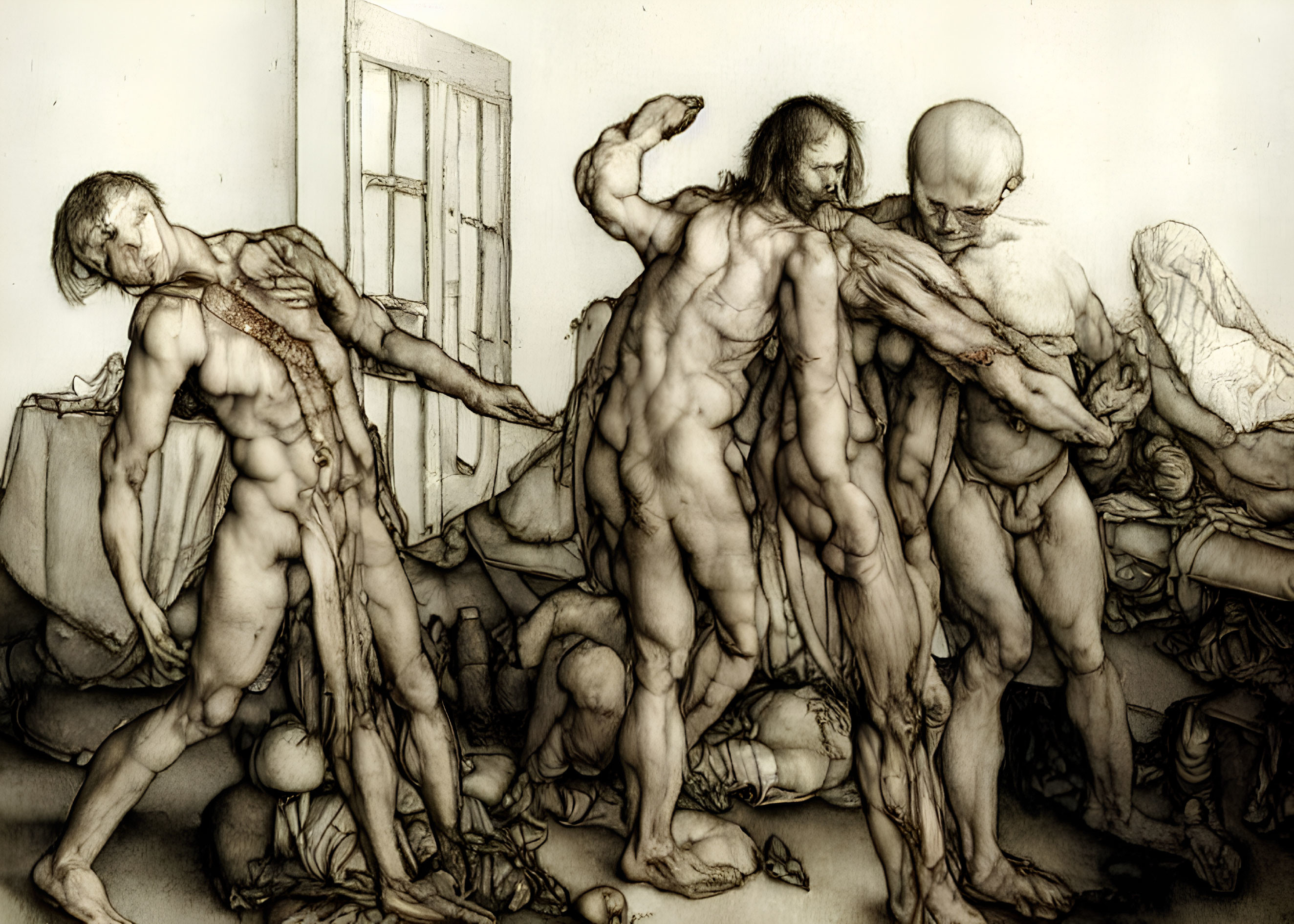 Distorted human figures intertwined in dim sepia-toned room