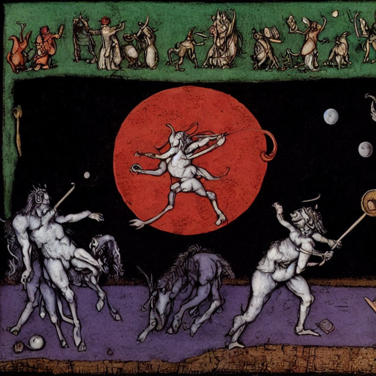 Anthropomorphic animals dancing under red moon