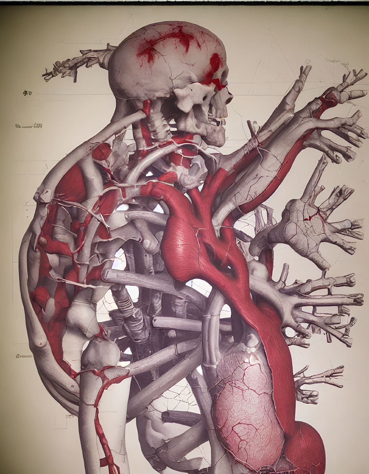 Detailed Human Circulatory System with Heart, Veins, Arteries, and Skeletal System Display