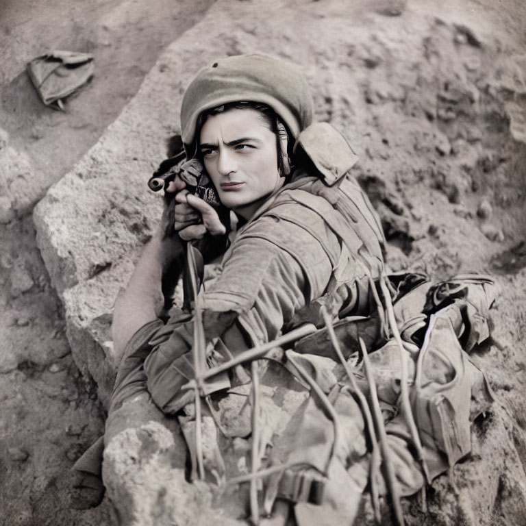 Prone soldier in helmet aims rifle on rocky terrain