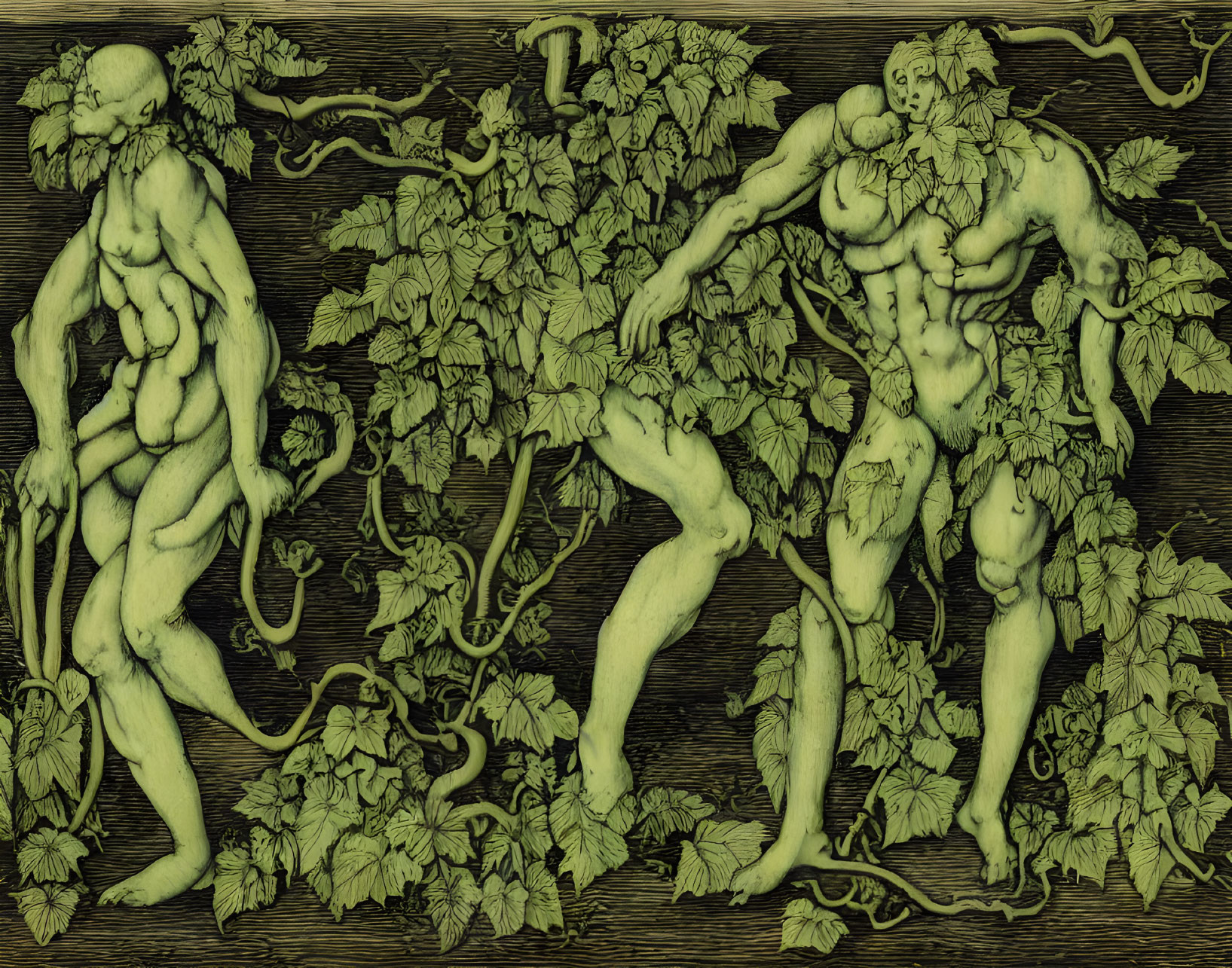 Monochrome illustration of human figures with grapevines and leaves