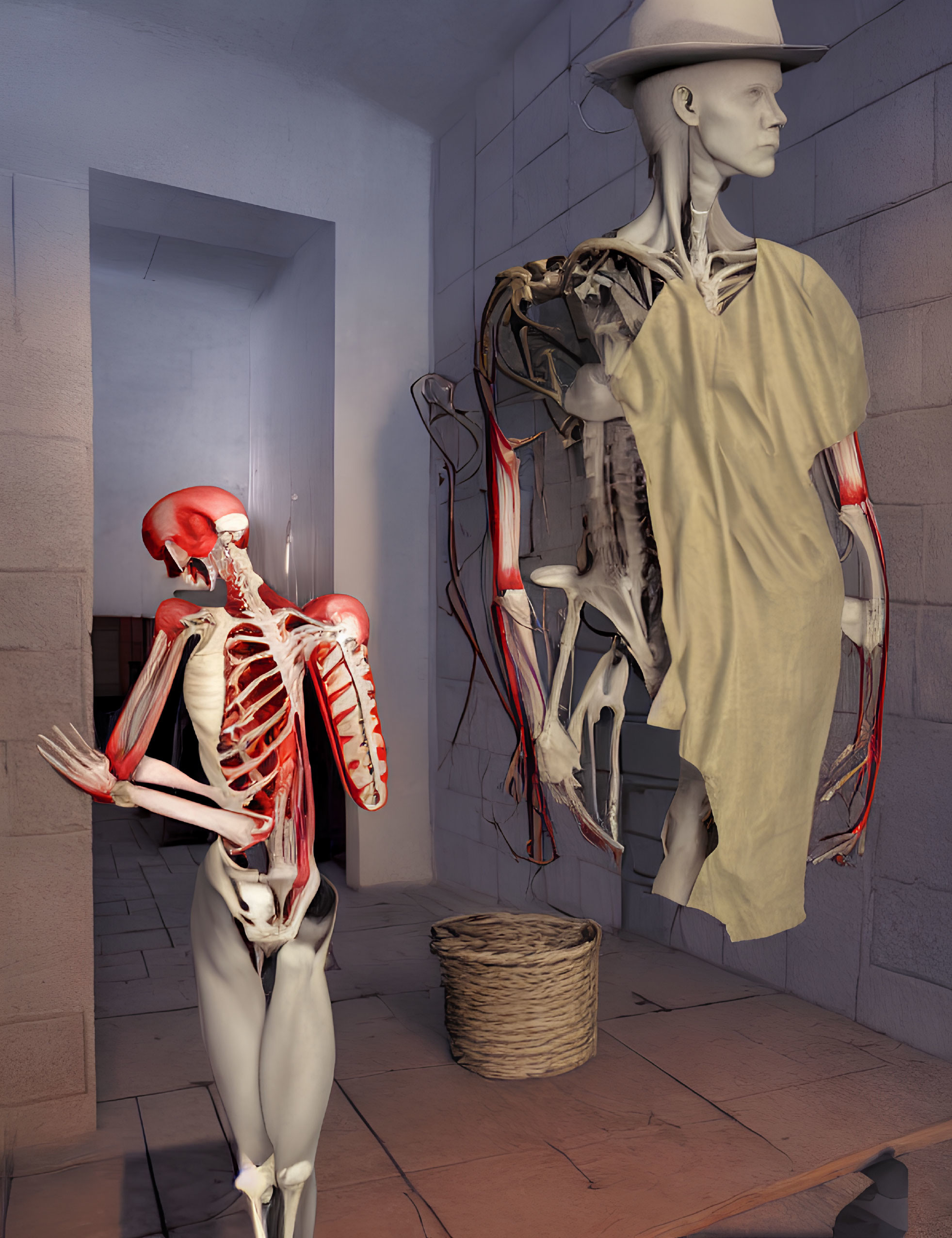 Anatomical model displaying muscles and skeletal structure next to draped mannequin in room with pink walls