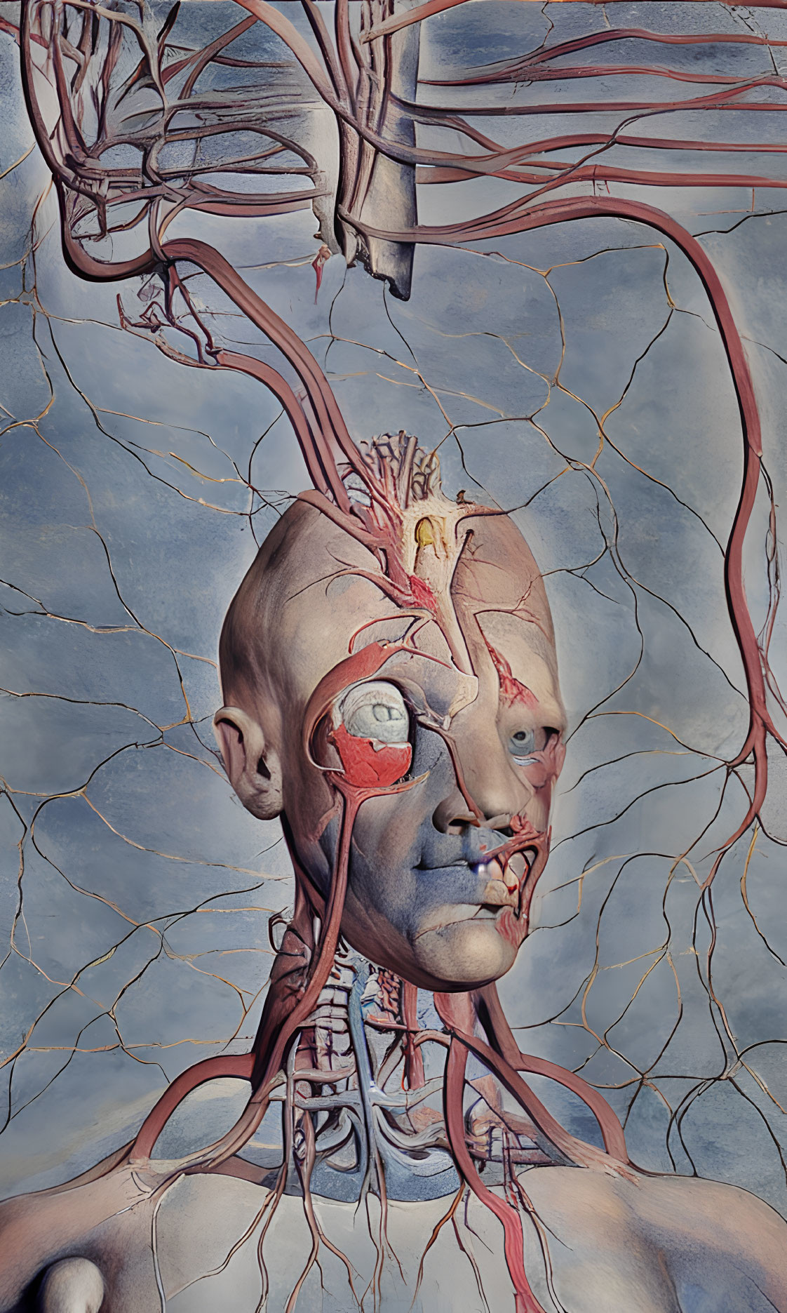 Detailed Human Head Anatomy: Muscles and Vascular System with Arteries and Veins