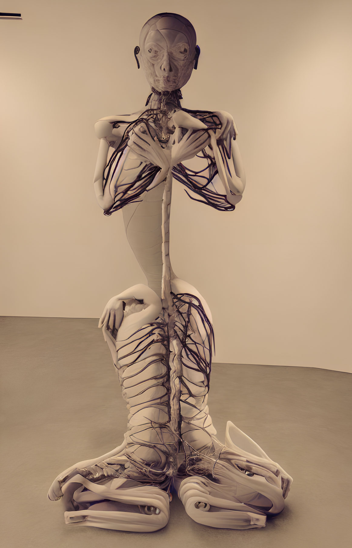 Surreal humanoid sculpture with elongated limbs and oversized hands and feet