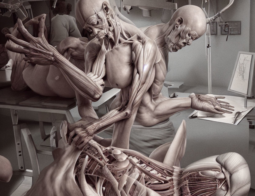 Detailed Anatomical Illustration of Human Musculature in Dissection Room