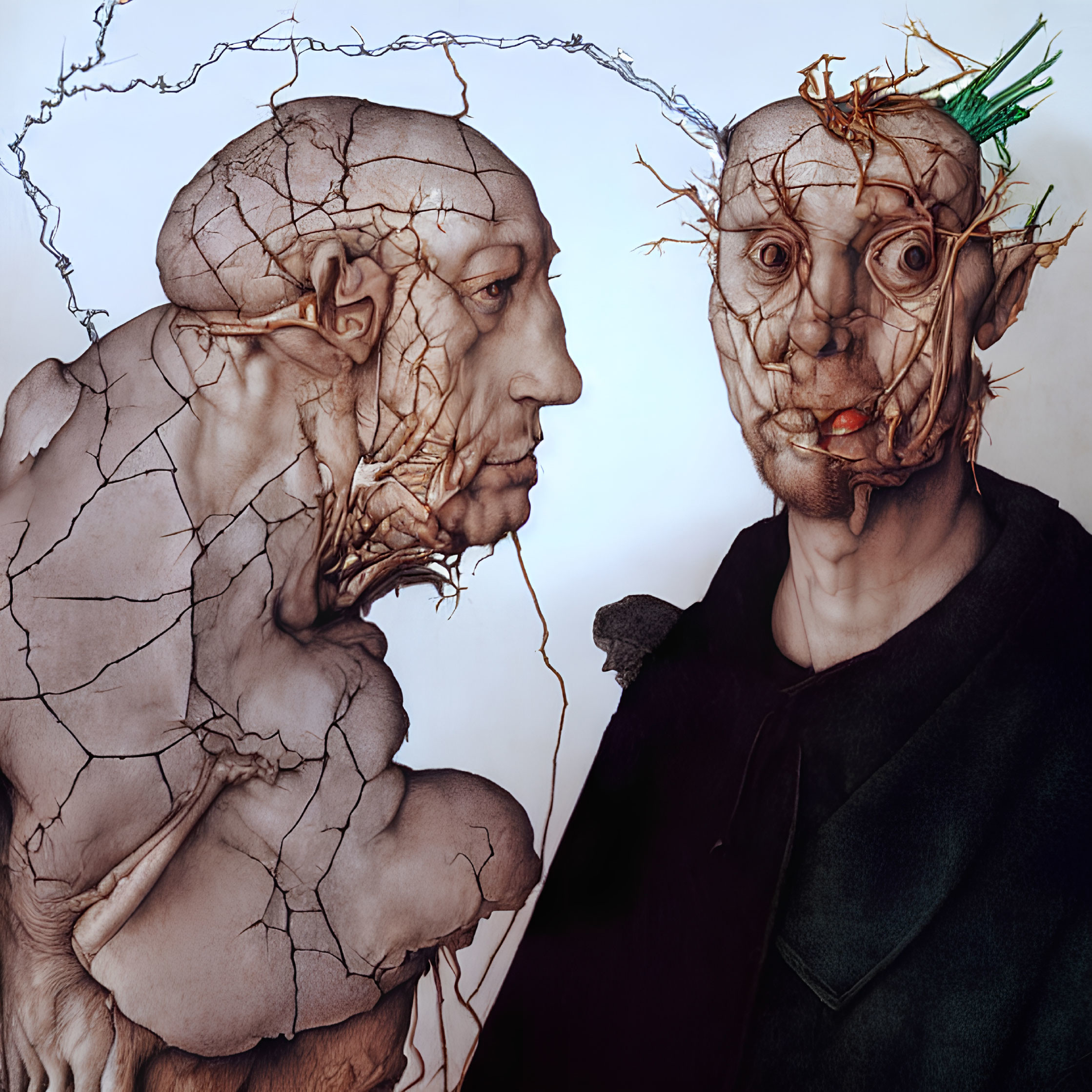 Stylized textured figures with split, veiny skin facing each other