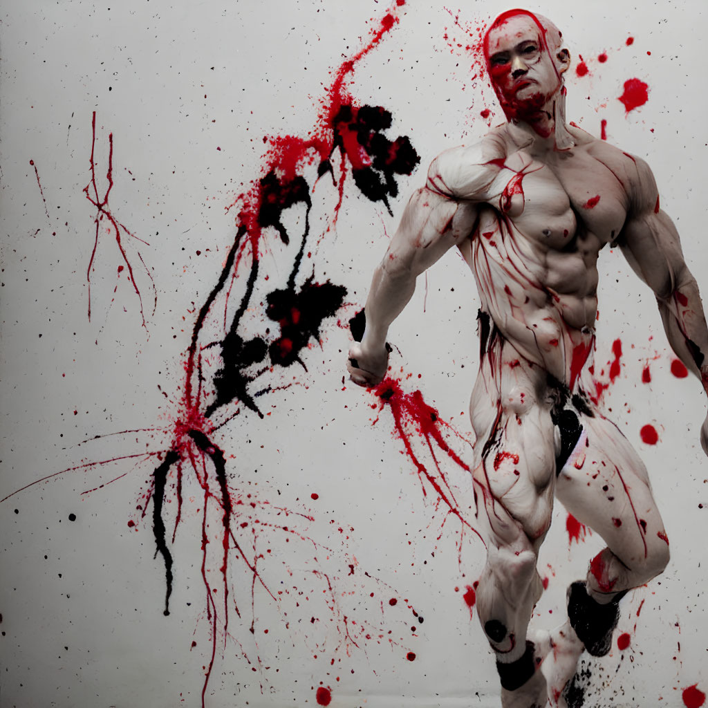 Muscular figure covered in red paint splatters against dramatic background