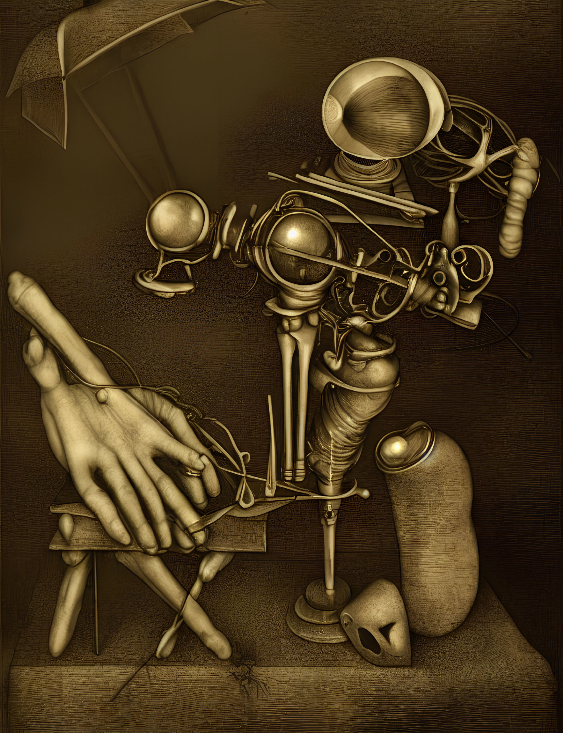 Surreal steampunk artwork with mechanical limbs and phonograph head