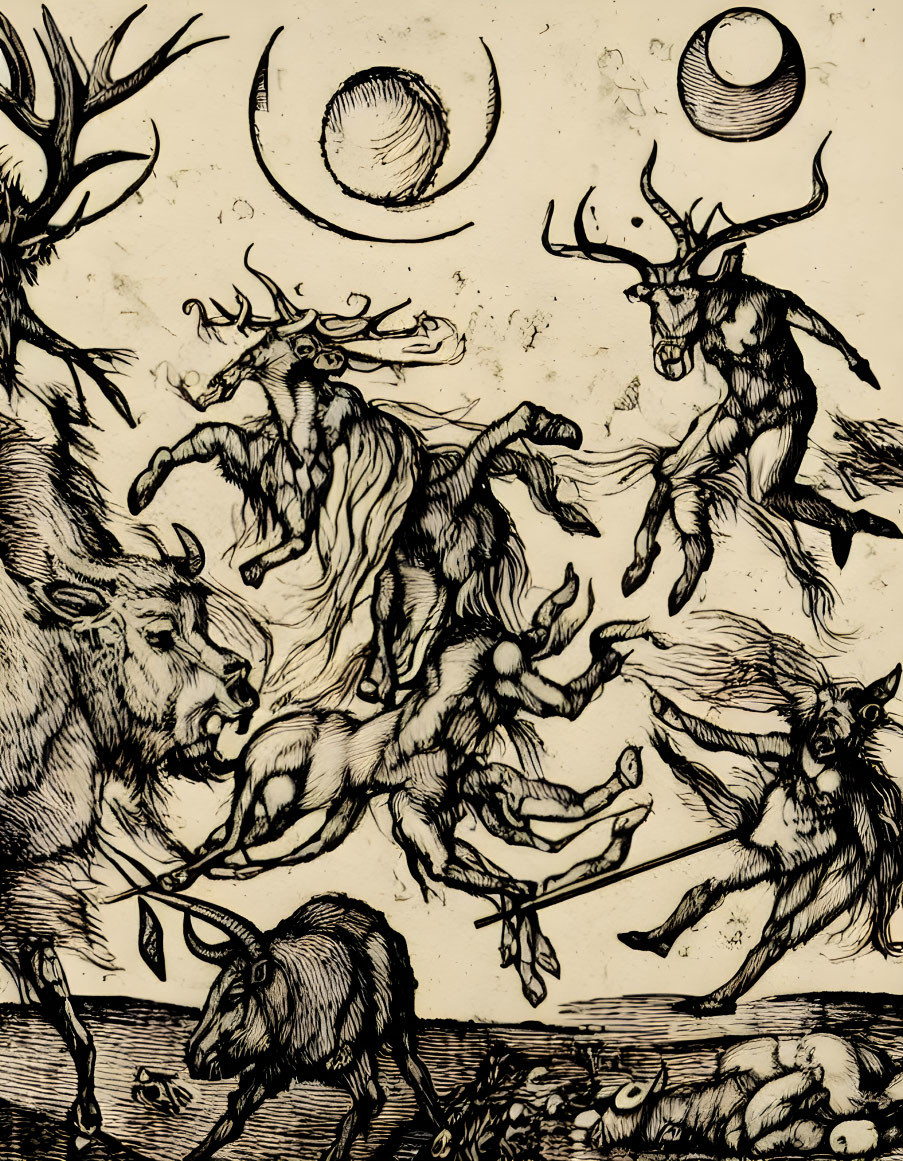 Detailed black and white etching of wild animals and mythical creatures under moon