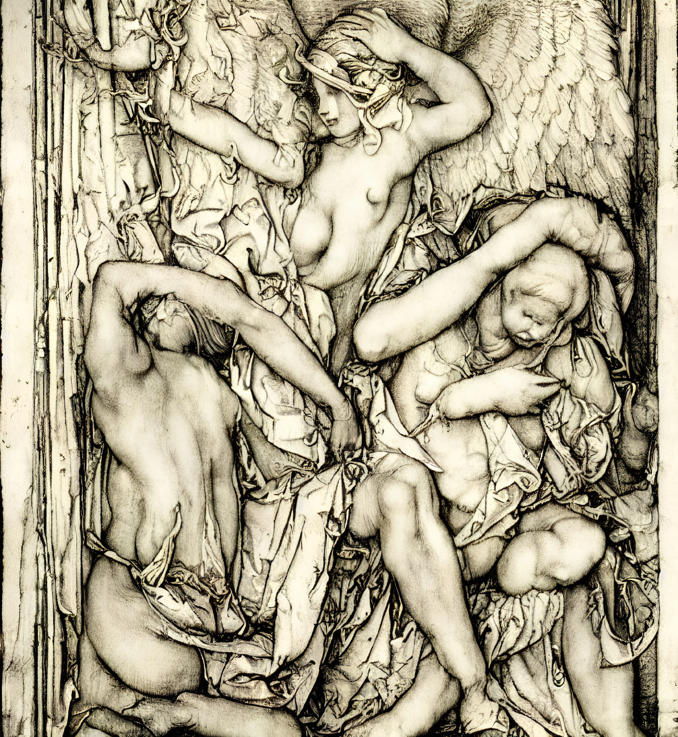 Detailed sketch of multiple figures with angelic wings in various poses, central figure surrounded by flowing drap