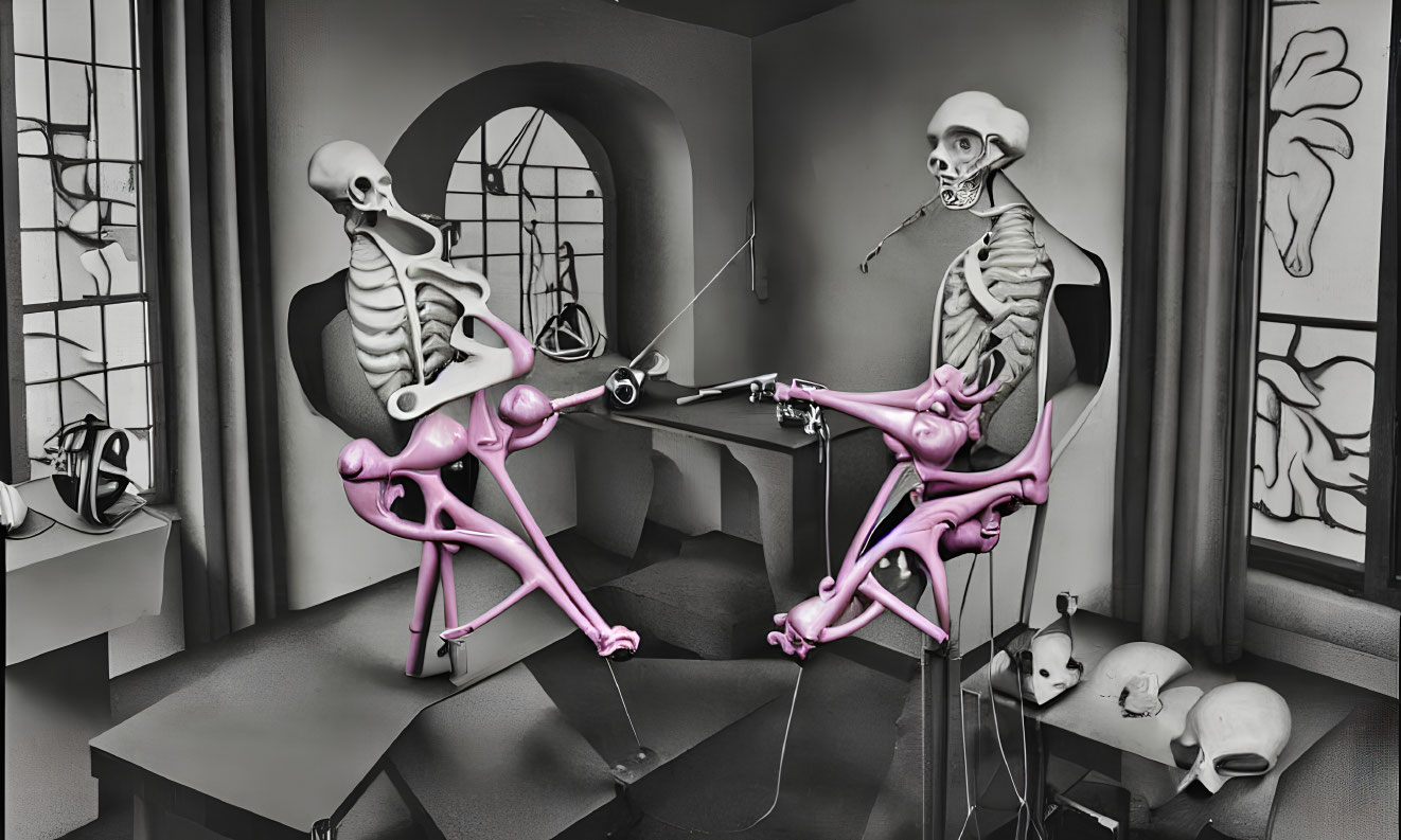 Skeletons in a room, one cutting the other's hair with salon equipment