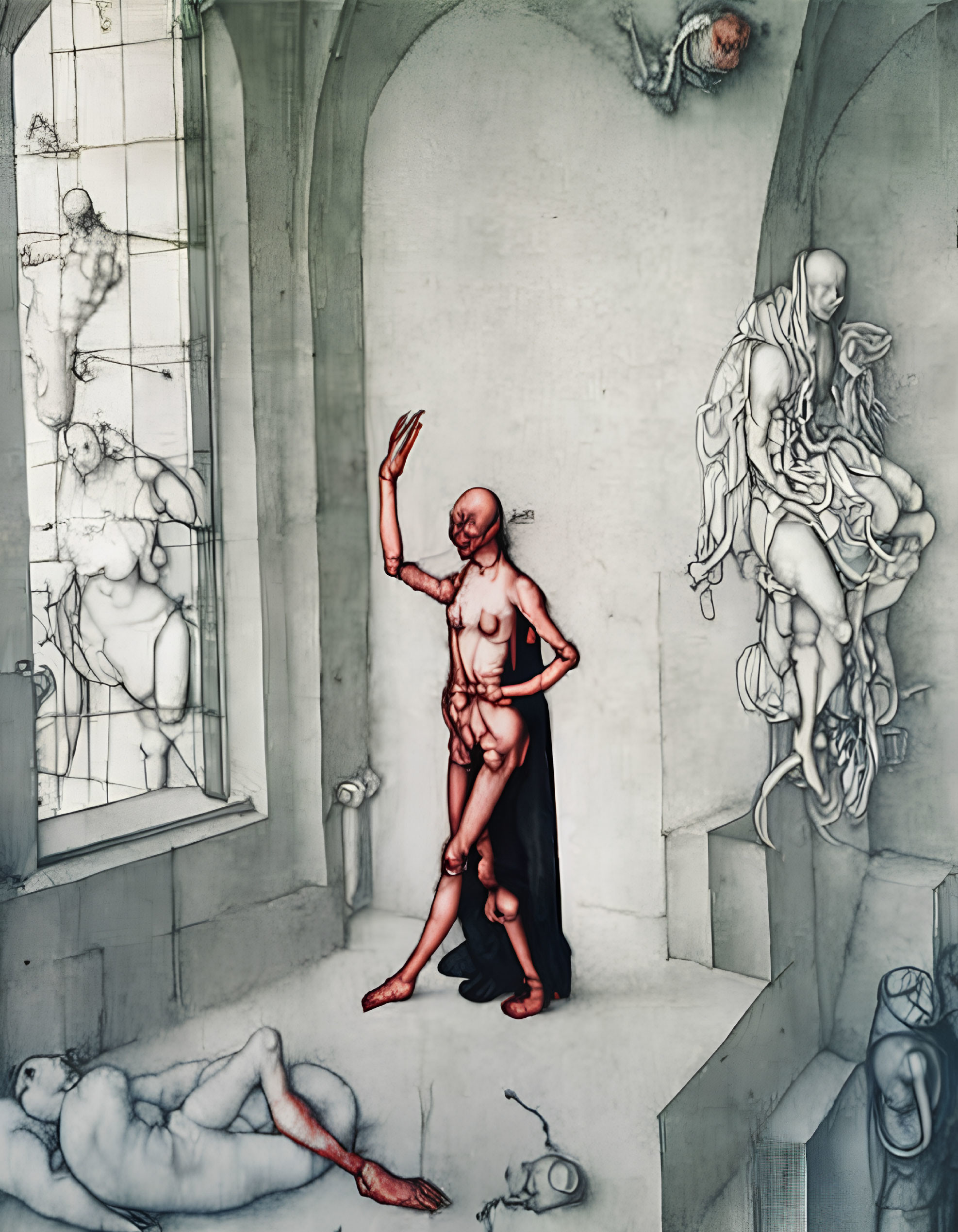 Surreal humanoid figure with exposed muscles in classical pose surrounded by anatomical studies and sketches in mon