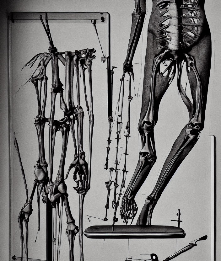 Detailed X-ray of full human skeletal structure with surgical instruments