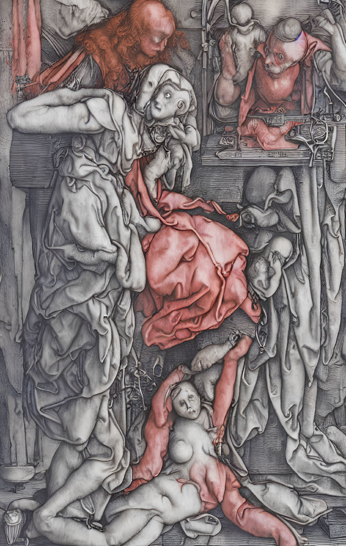 Surreal artwork featuring multiple human figures and red drape