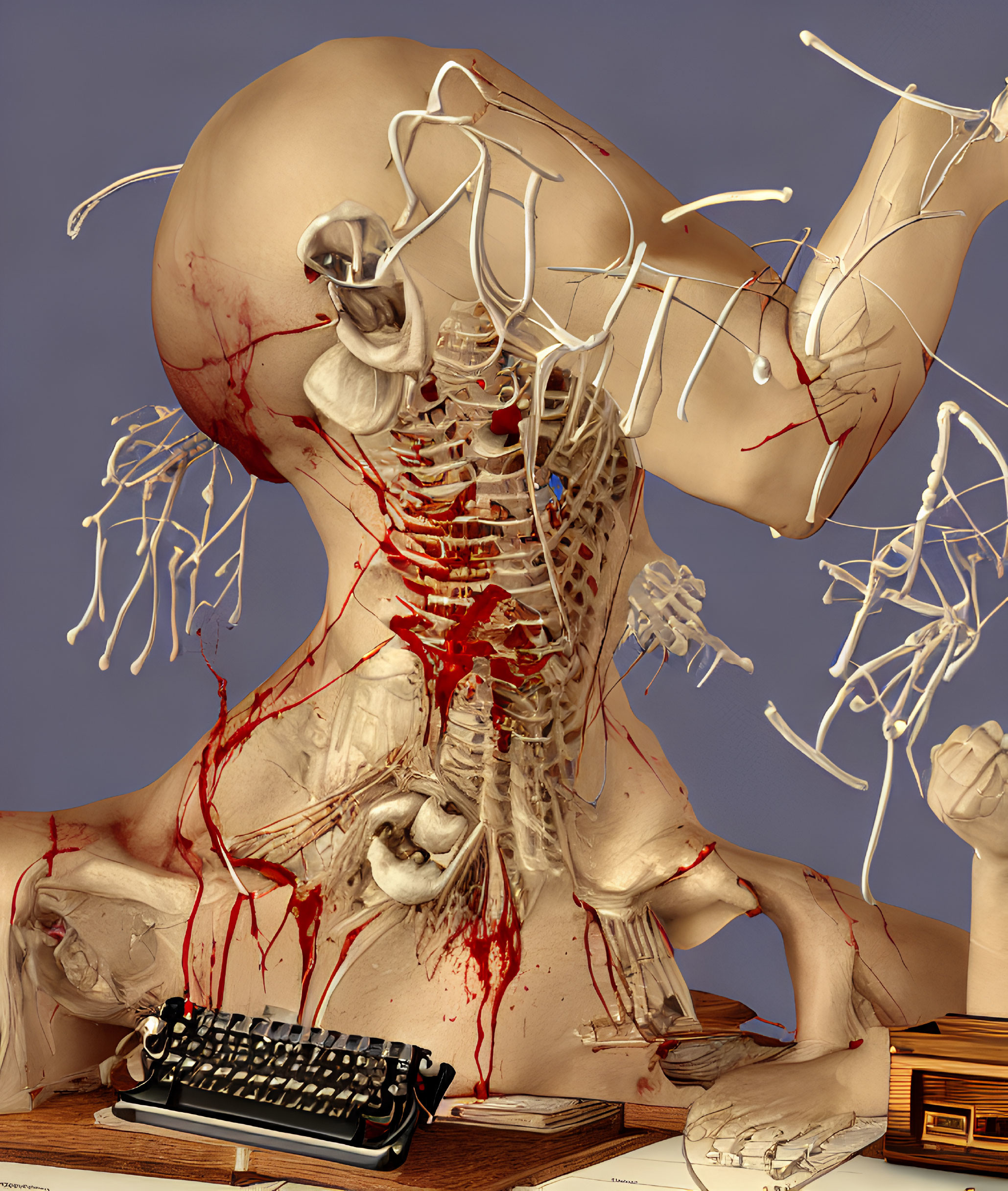 Anatomical figure with exposed skeleton at desk with typewriter and splattered ink.