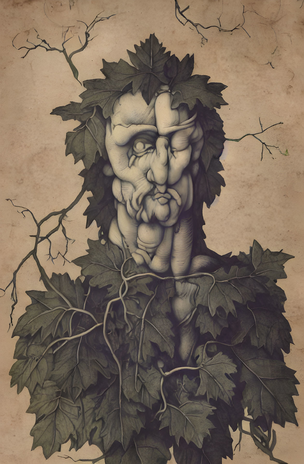 Green Man Illustration with Leaf and Vine Face on Aged Paper Background