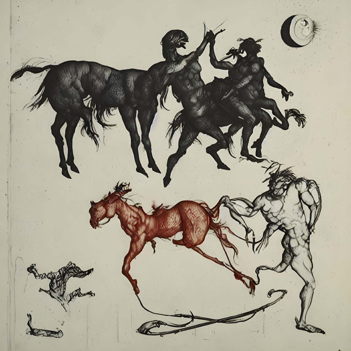 Surreal drawing: Horses transform into muscular humans, incomplete figure draws line