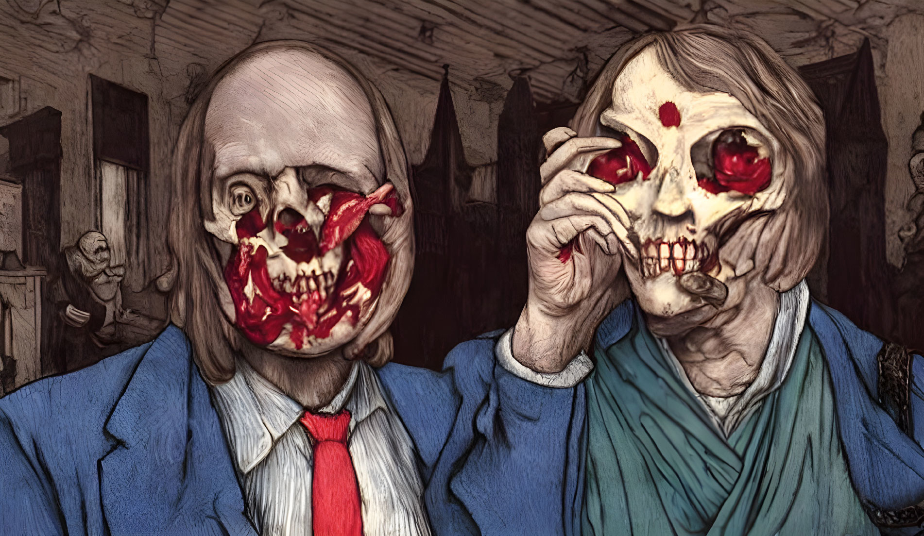 Grotesque skull-faced figures in formal attire holding an eyeball in a dilapidated room