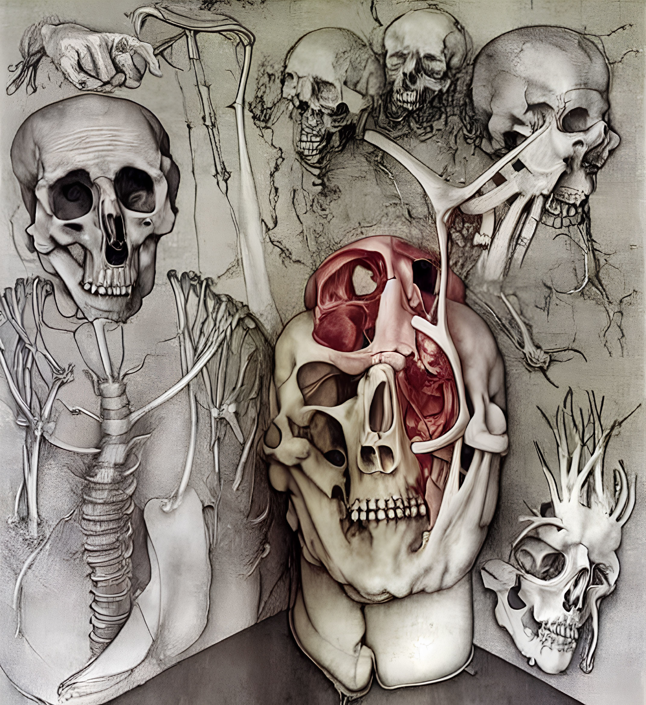 Detailed Anatomical Illustration of Human Skulls and Skeletal Structures