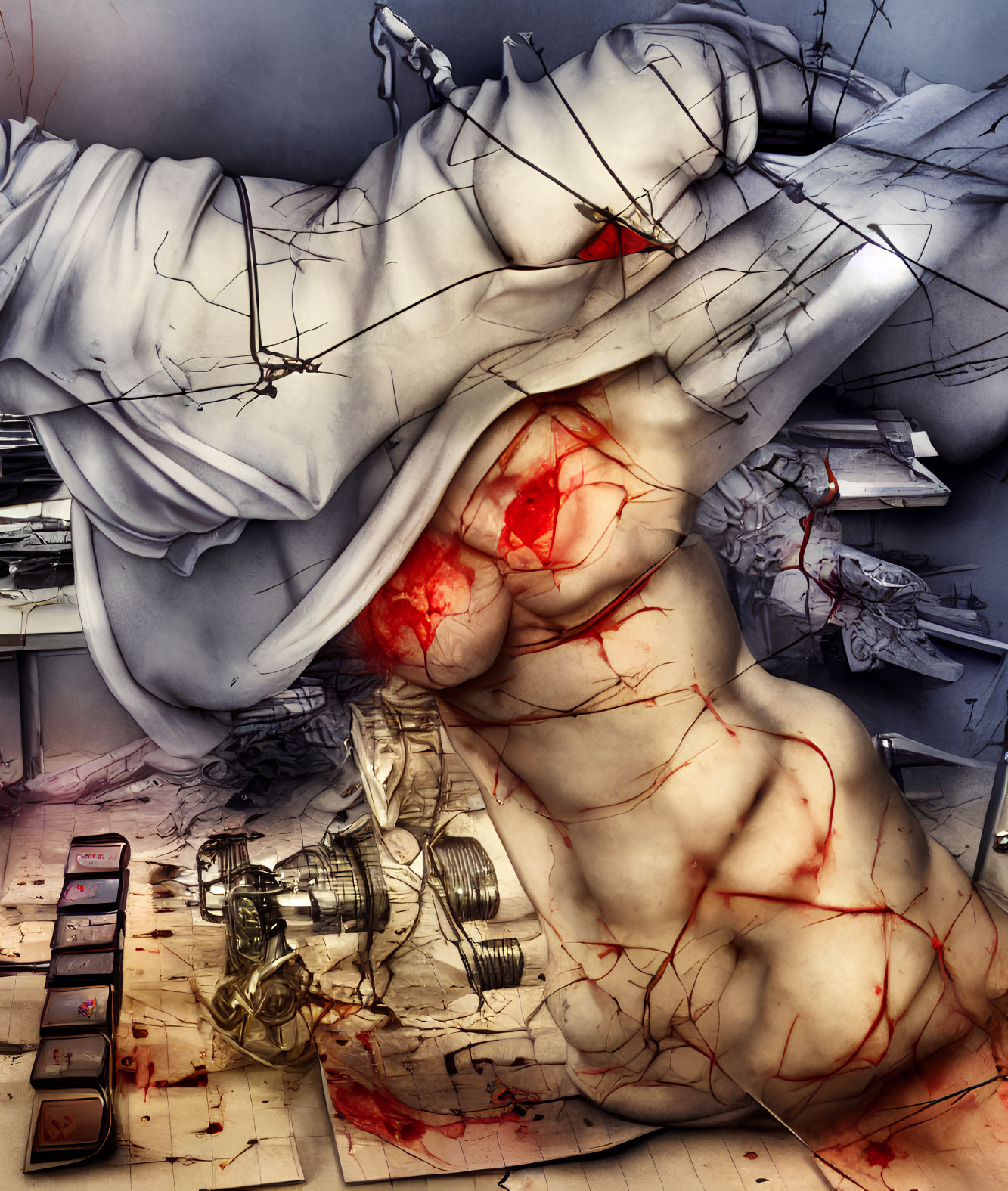 Surreal digital artwork of muscular figure breaking desk