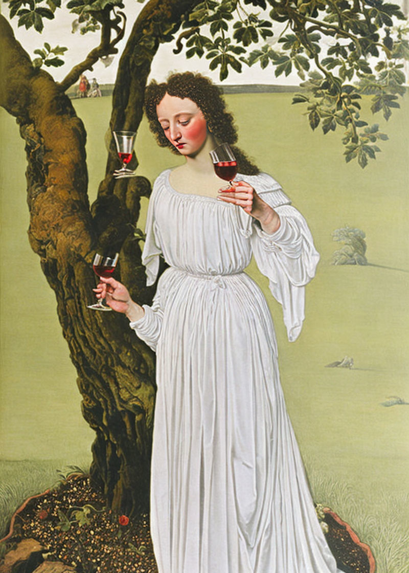 Woman in white gown with red wine glasses by tree