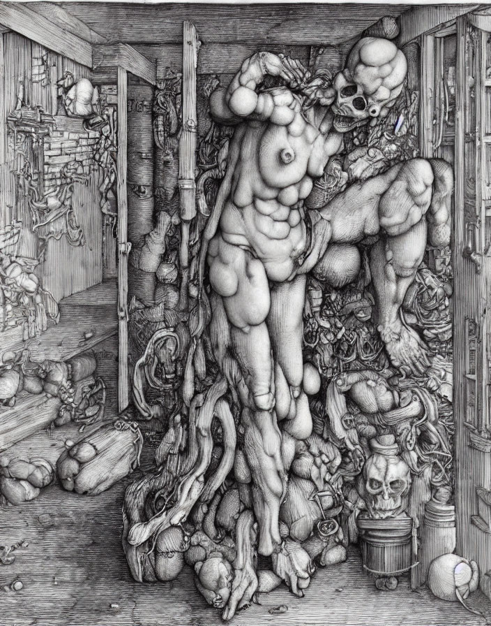 Detailed black and white surreal figure amid skulls and debris