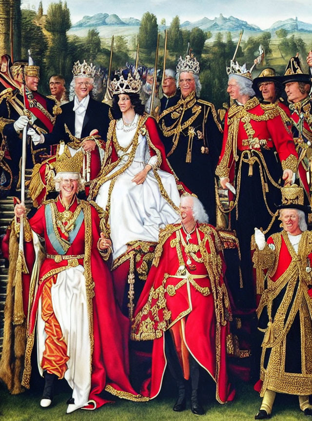 Digital art: Contemporary figures merged into royal procession painting