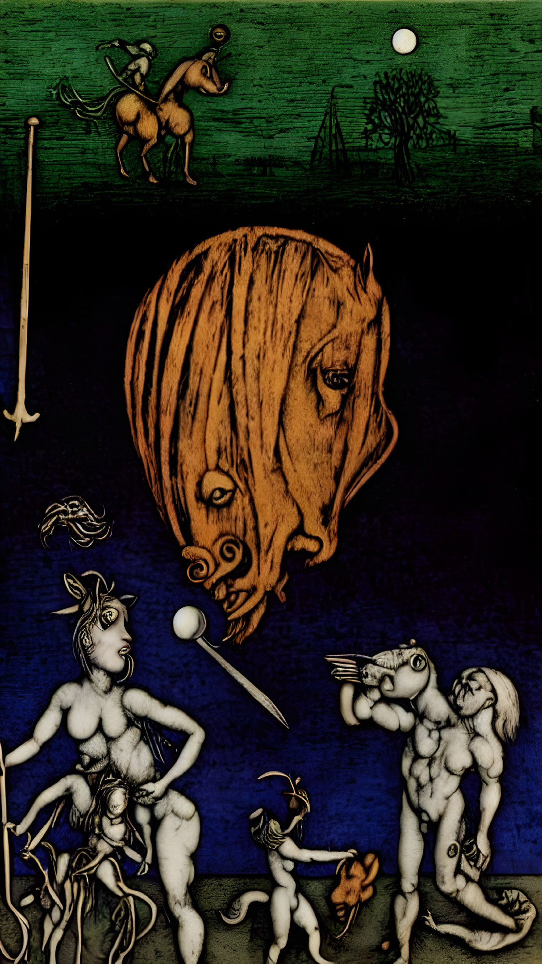 Surreal Artwork: Large Orange Head, Animalistic Figures, Centaur, Night Sky