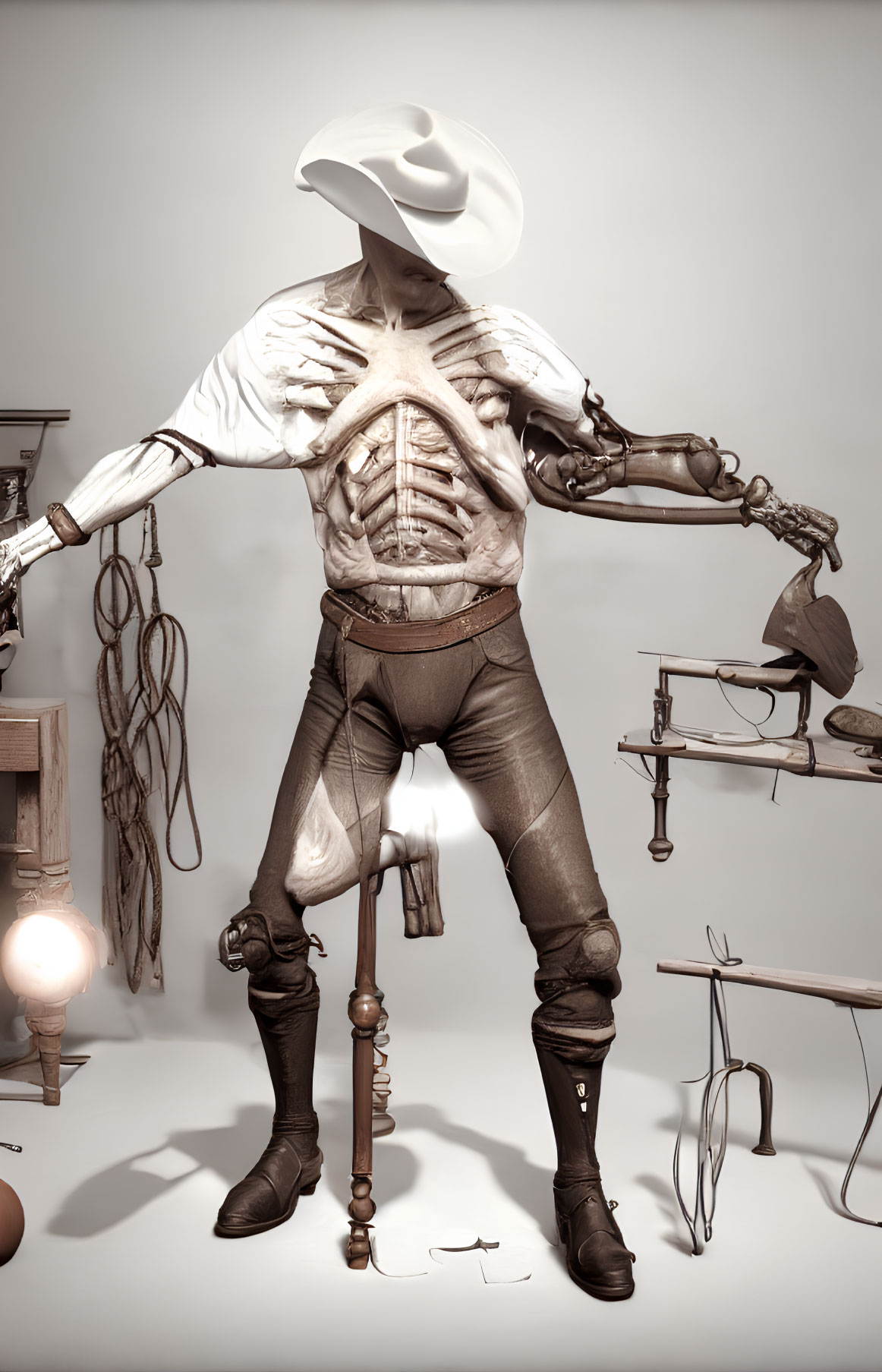 Surreal cowboy artwork with exposed skeletal torso and lasso on Western-themed background