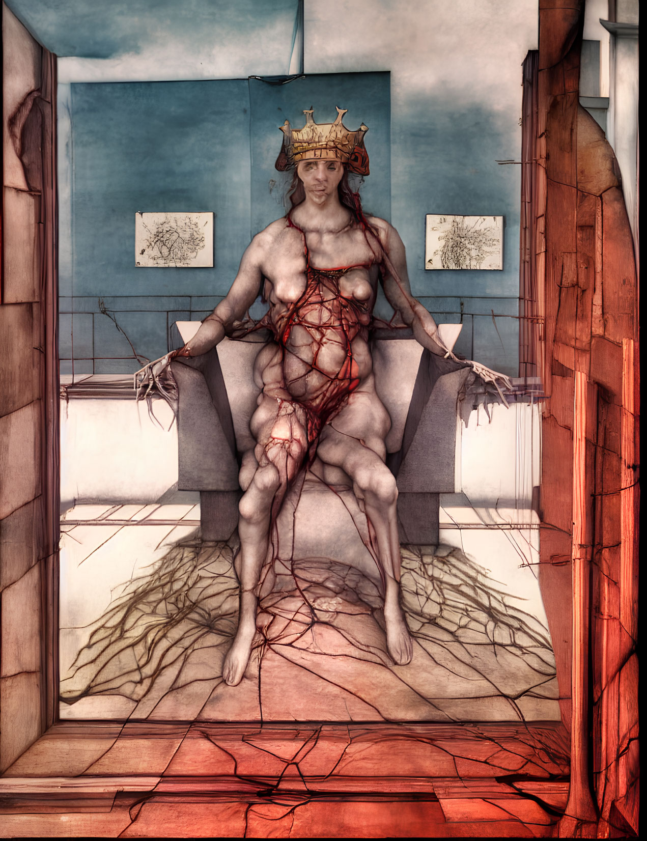 Surreal Artwork: Crowned Figure in Chair with Veins/Roots