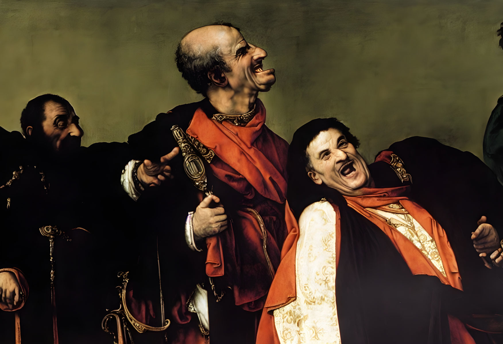 Three men in historical attire laughing, one holding a golden staff