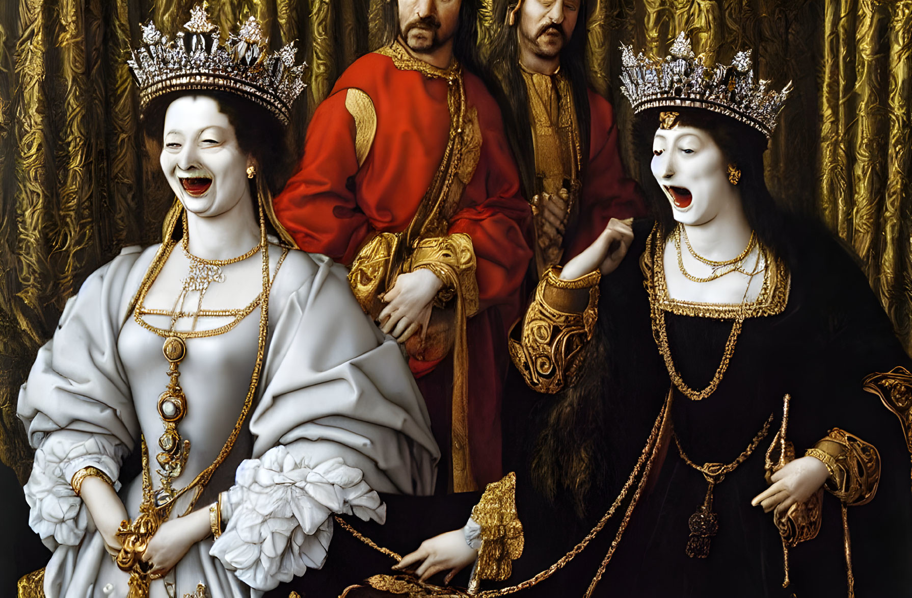 Two women and two men in medieval attire against gold-patterned backdrop