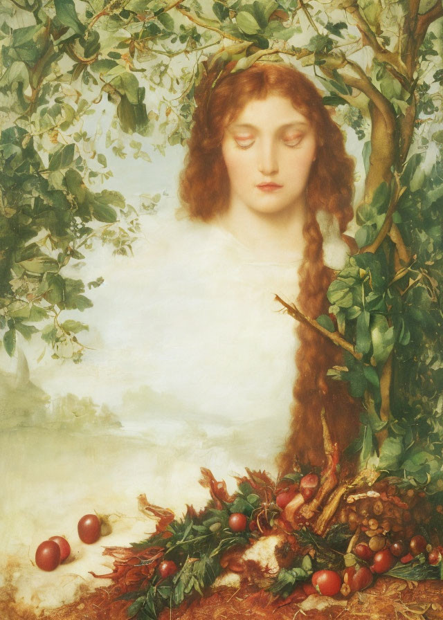 Serene woman in Pre-Raphaelite style with apple trees