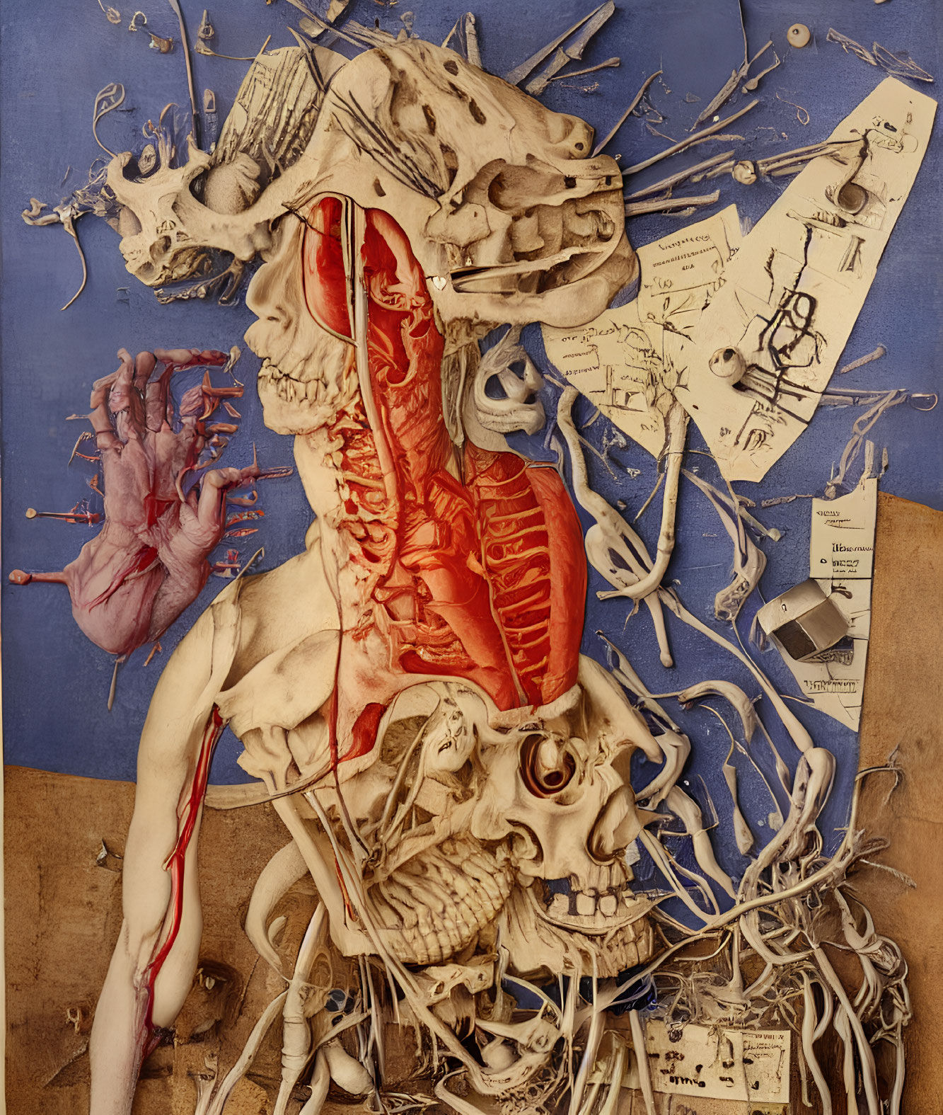 Detailed Anatomy Artwork Featuring Muscles, Skeleton, and Scientific Diagrams on Blue Background