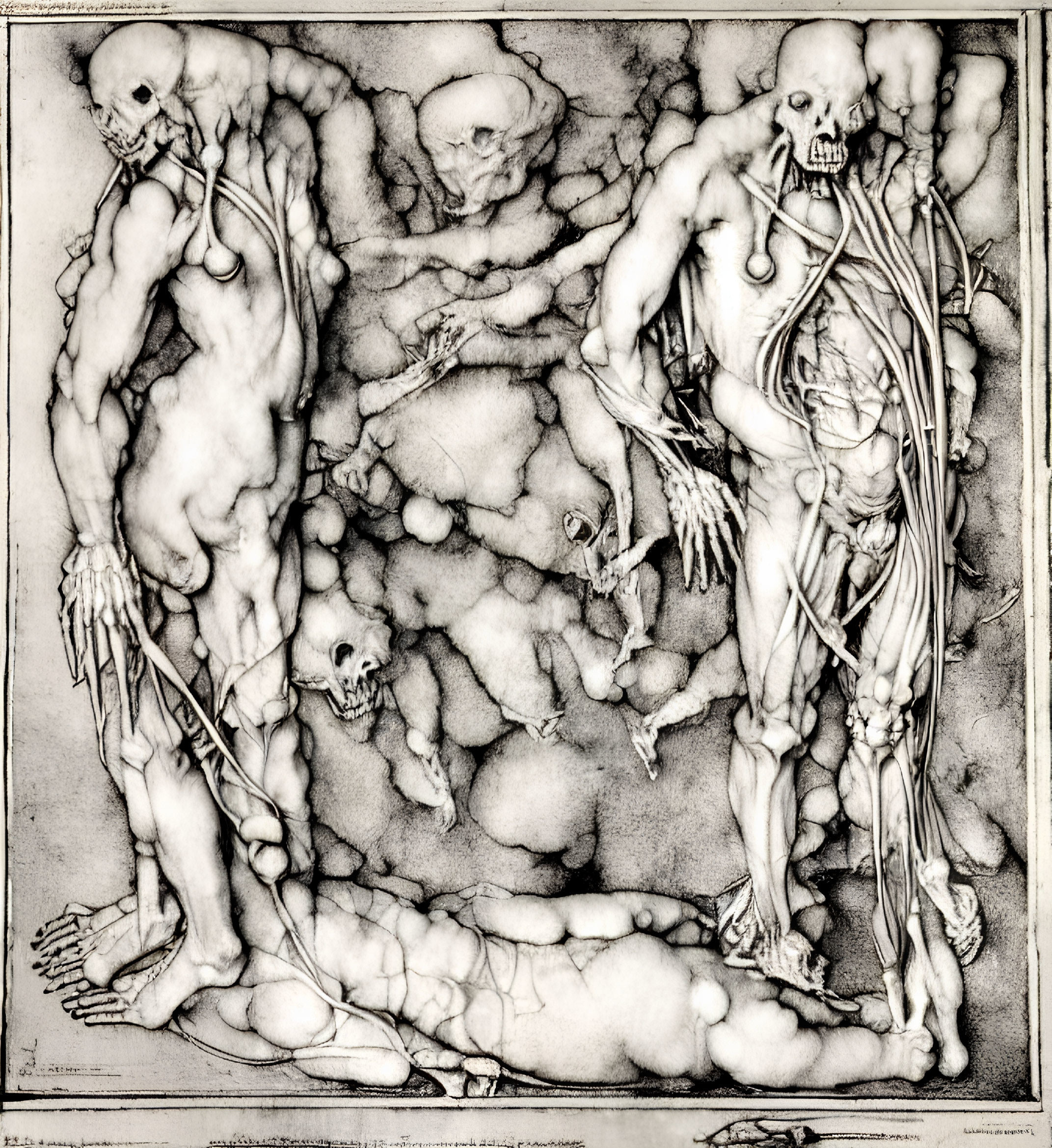 Detailed black and white illustration of skeletal figures intertwined with muscular anatomy and cloud-like formations