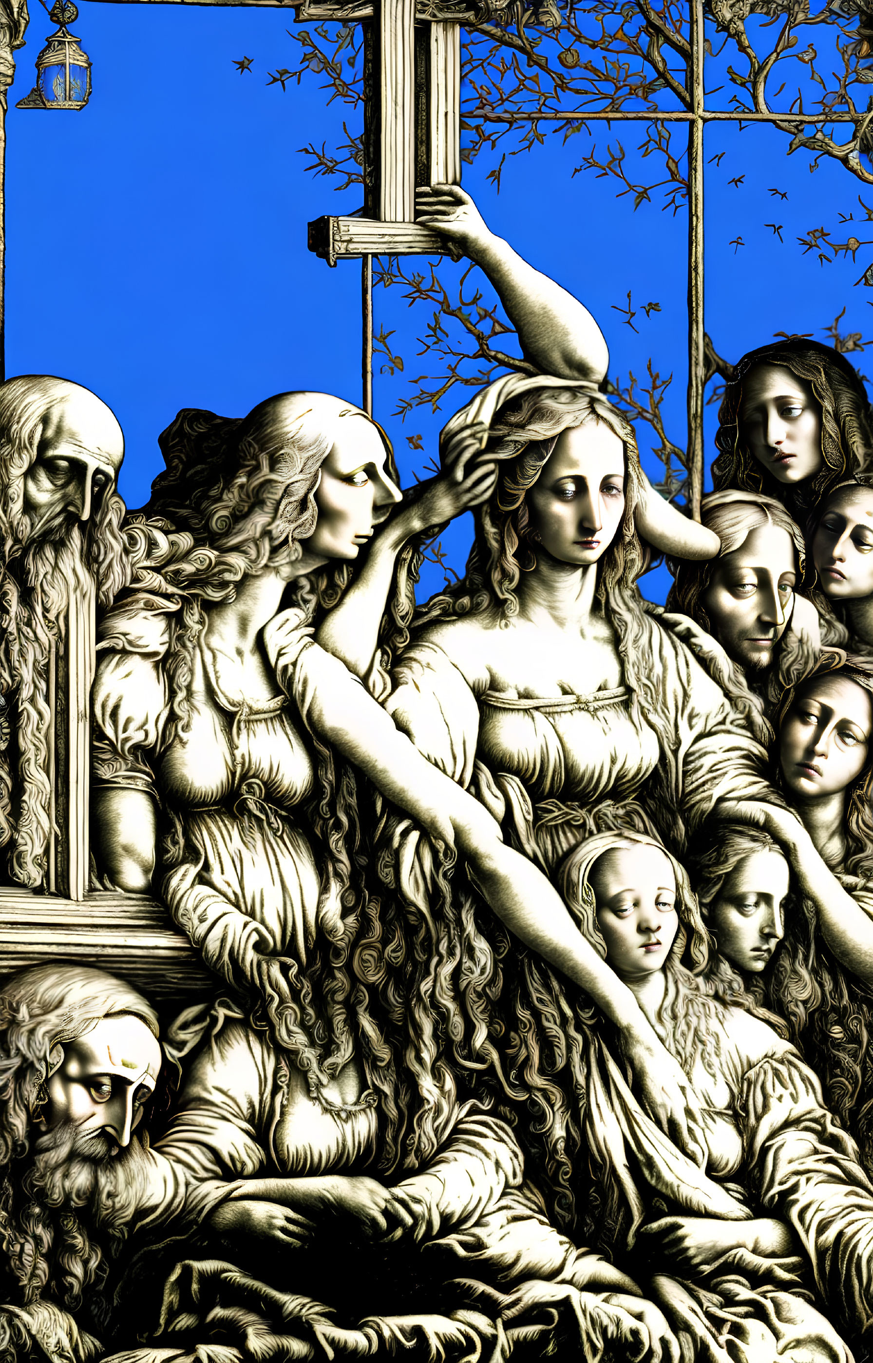 Detailed Monochrome Illustration of Group Figures with Flowing Hair and Robes on Blue Background