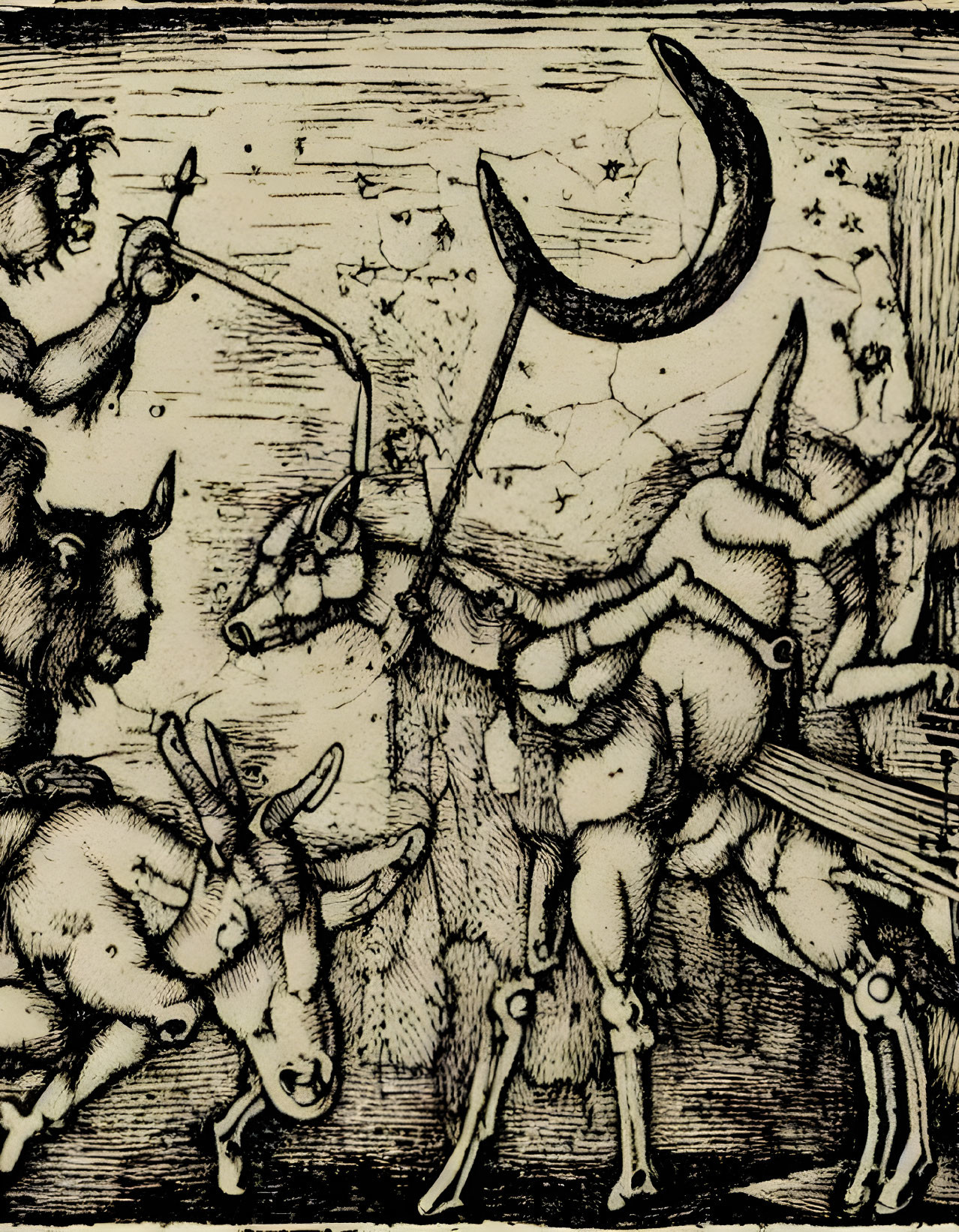 Monochrome etching of pigs in soldier attire with human traits preparing for battle