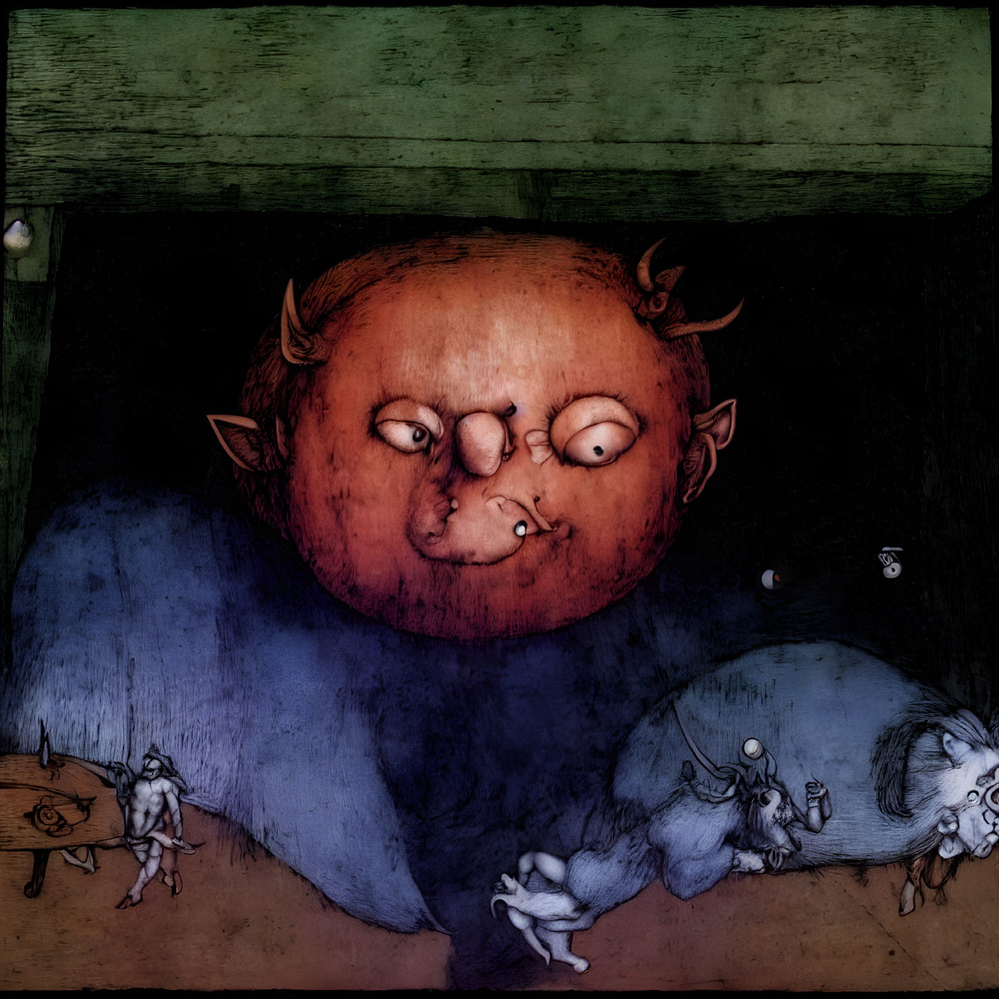 Surreal illustration of large orange face with horns and multiple features