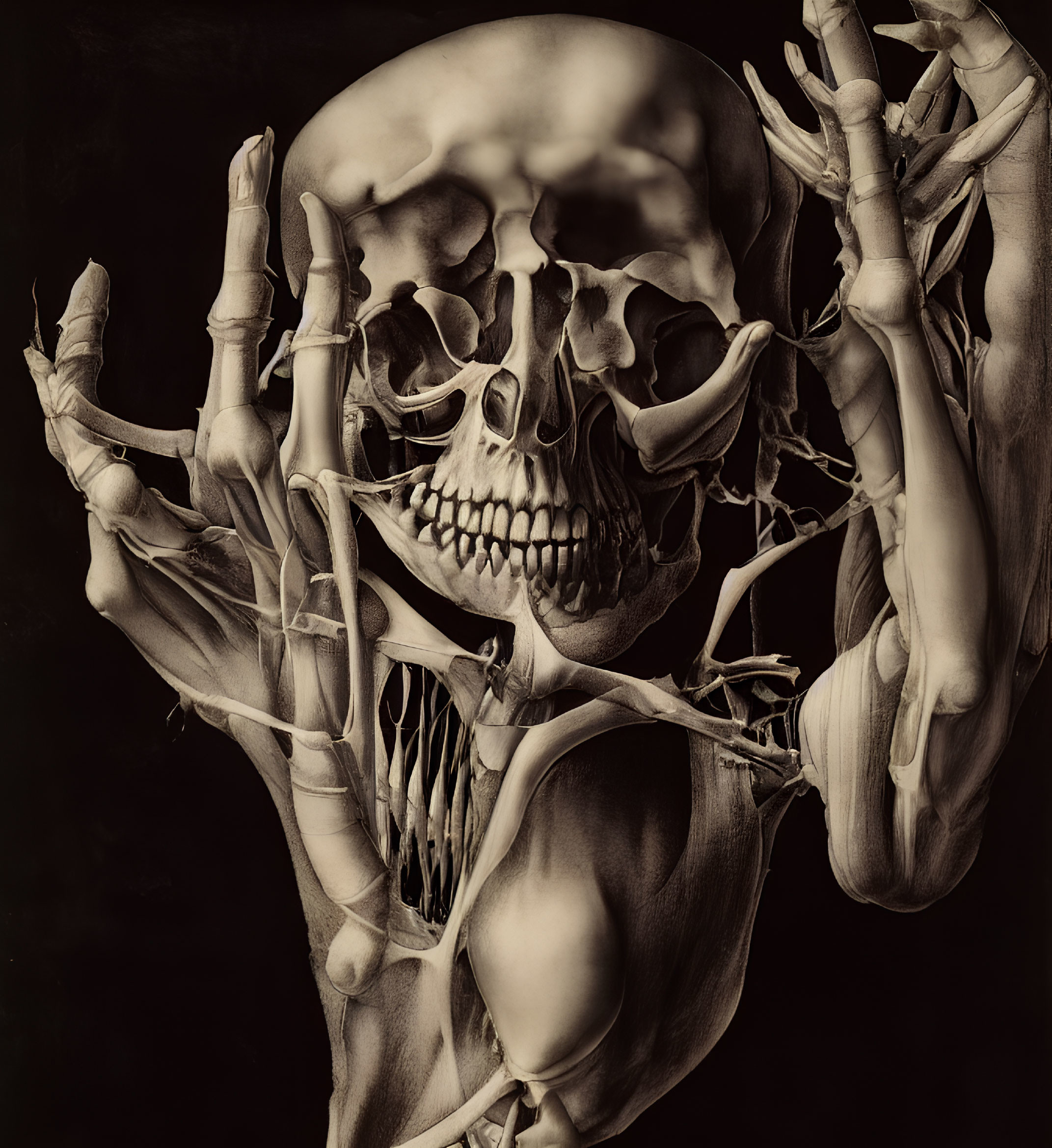 Digital artwork: Human pose merged with skeleton for surreal effect