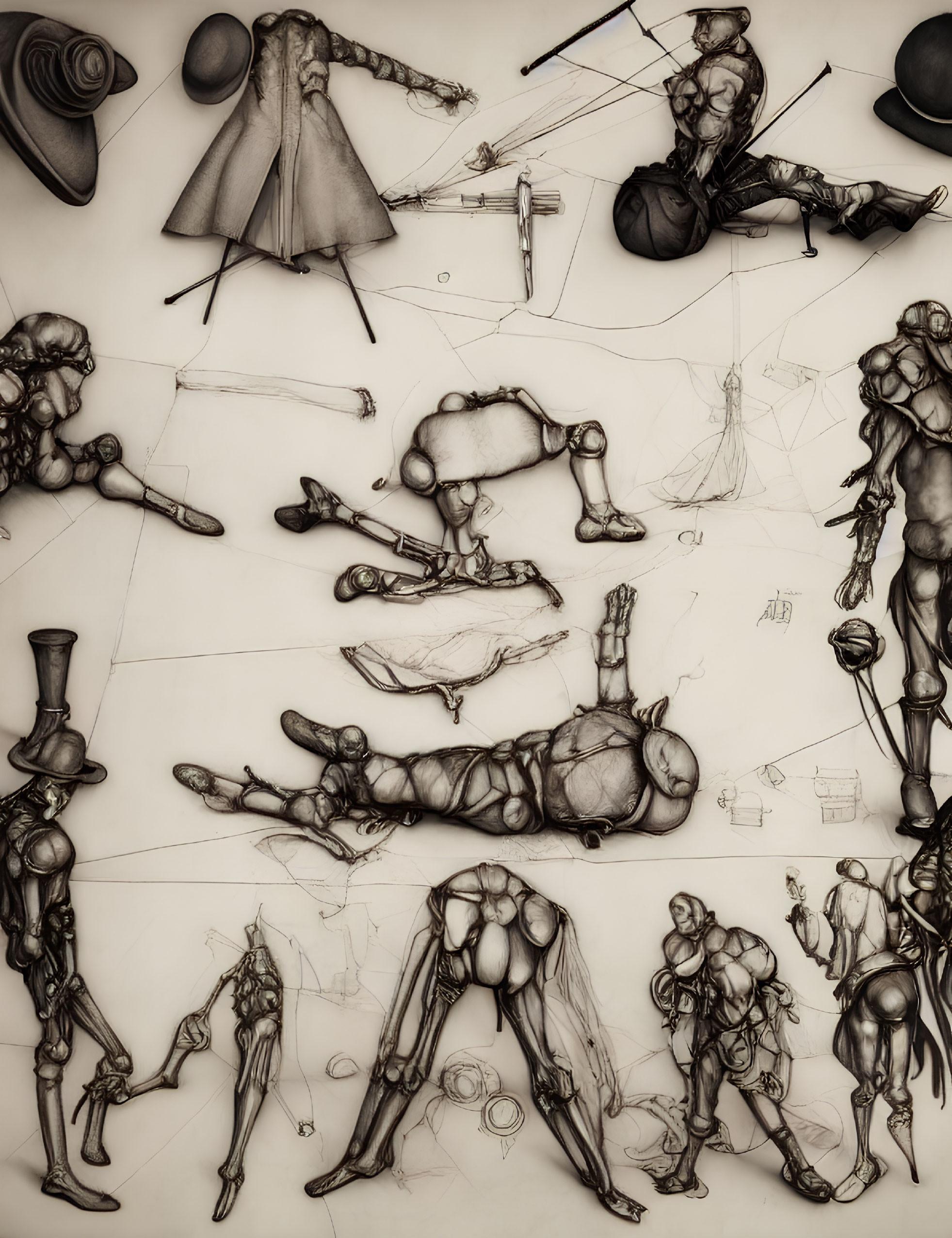 Dynamic humanoid figure sketches with detailed musculature and mechanical elements on sepia background