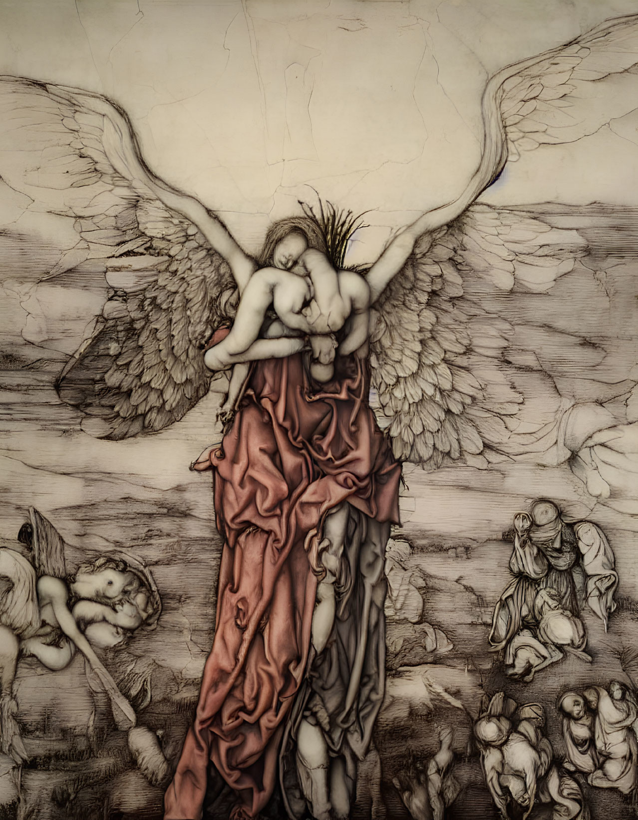 Angel with outstretched wings embracing small figure among somber faces